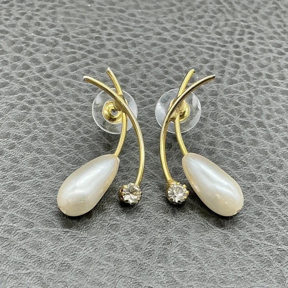 Gold Tone Teardrop Faux‎ Pearl Rhinestone Dangle Drop Earrings Womens Costume